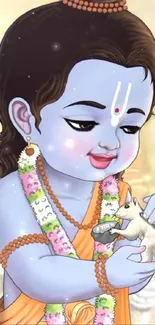 Illustration of Baby Krishna holding a squirrel, with divine and serene expression.