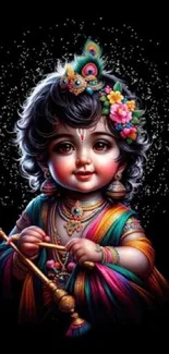 Artistic depiction of baby Krishna with vibrant colors.