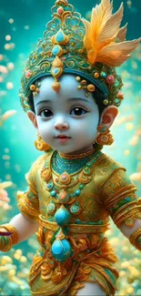 Vibrant mobile wallpaper of Baby Krishna in teal and gold attire.