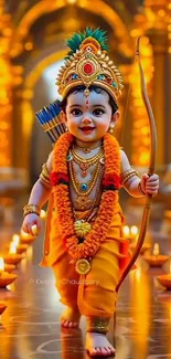 Child deity in colorful attire holding bow and arrow with vibrant lighting.