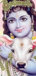 Baby Krishna holding a calf in vibrant colors.