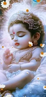 Baby Krishna in a serene pose with daisies and intricate jewelry.