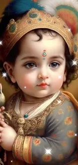 Wallpaper of Baby Krishna with parrot, depicting divine innocence.