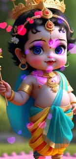 Adorable Baby Krishna in vibrant colors holding a scepter.