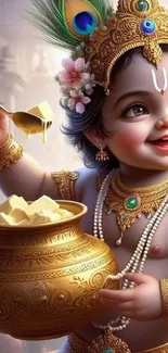 Baby Krishna with butter pot and ornaments wallpaper.