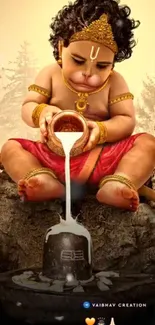 Divine baby pouring milk over sacred stone in a serene forest setting.