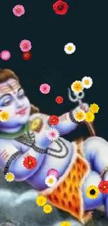 Vibrant illustration of Baby Shiva on a cloud, holding a trident.