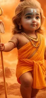 Divine baby warrior in orange with spiritual and cultural theme.