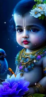 Divine baby with lotus and bird on blue background.