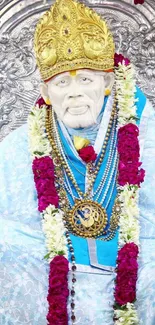 Spiritual idol adorned with garlands on a light blue background for mobile wallpaper.