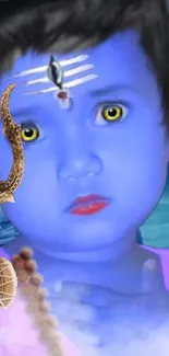 Blue-skinned child with spiritual elements in a serene wallpaper design.