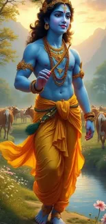 Blue-skinned deity in serene landscape with cows and flowers.