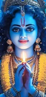 Blue deity holding light with serene expression in vivid colors.