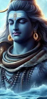 Serene blue deity surrounded by ocean waves