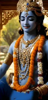 Serene blue deity with garlands in a lush background.