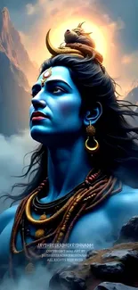 Blue-skinned deity with mystical aura and serene background.