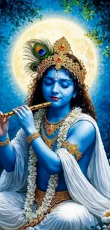 Blue-skinned deity playing flute under the moonlight.
