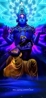 Vibrant blue Hindu deity art with spiritual and serene elements.