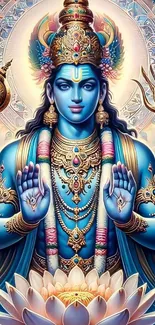 Hindu deity in blue with intricate details, lotus background.