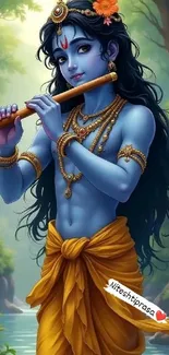 Illustration of Lord Krishna playing the flute with a serene background.