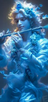 Blue Krishna playing flute in glowing divine artwork.