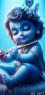 Serene blue Krishna holding a flute in this divine mobile wallpaper.