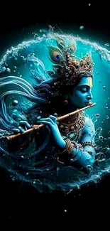 Divine blue artwork of Krishna playing flute with ethereal essence.