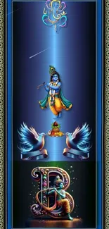 Blue Krishna wallpaper with divine elements and symbolic decorations.