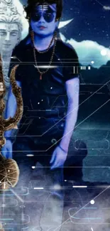 Artistic wallpaper featuring blue-hued Shiva and trident.