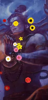 Blue Shiva art adorned with vibrant flowers.