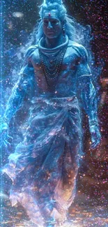 Mystical blue celestial figure with vibrant aura on mobile wallpaper.