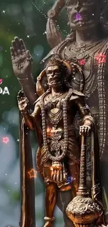 Bronze statue with divine symbols and starry accents on green backdrop.