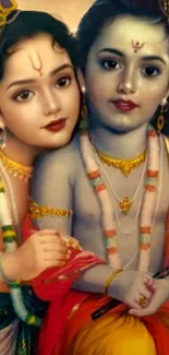 Artistic depiction of divine mythological brothers in vibrant traditional attire.