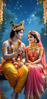 Divine lovers under a starry sky with floral surroundings.
