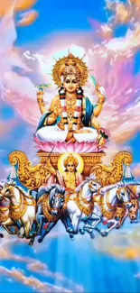 Mythological deity on celestial chariot in vibrant sky.