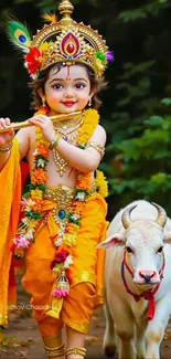 Divine child with flute and calf in vibrant traditional attire.