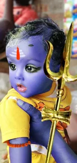 A child painted as a divine avatar holding a golden trident.