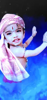 Divine child in traditional attire with vibrant blue cosmic background.