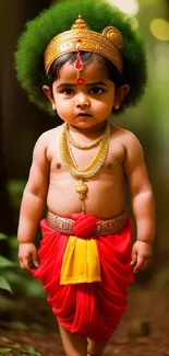 Divine child in traditional attire amidst lush forest background.