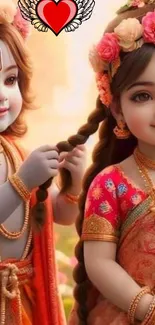 Charming child Krishna in vibrant attire with friend, depicted in spiritual art style.