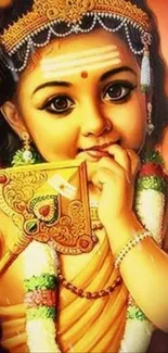 Artistic depiction of child Krishna with bright colors and cultural detail.