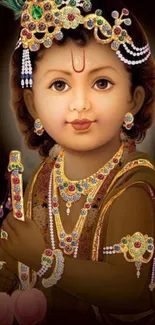 Digital artwork of child Krishna with jewels on mobile wallpaper.