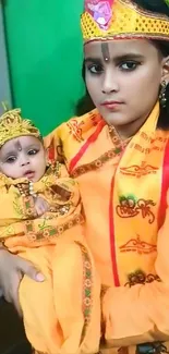 Children dressed as Lord Krishna in vibrant traditional attire.