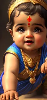 Illustrated child in blue robe with ornate gold jewelry.