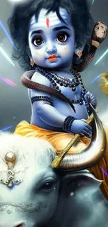 Artistic depiction of a divine child on a bull, vibrant hues and spiritual elements.