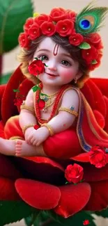 Divine child with floral crown sitting on a vibrant red rose.