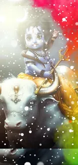 Divine child deity rides white bull in a colorful, spiritual mobile wallpaper.