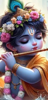 Divine child playing flute with floral crown