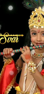 Child dressed in traditional attire playing a flute in dynamic colors.