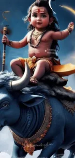 Divine child in orange attire riding a buffalo on a blue background.